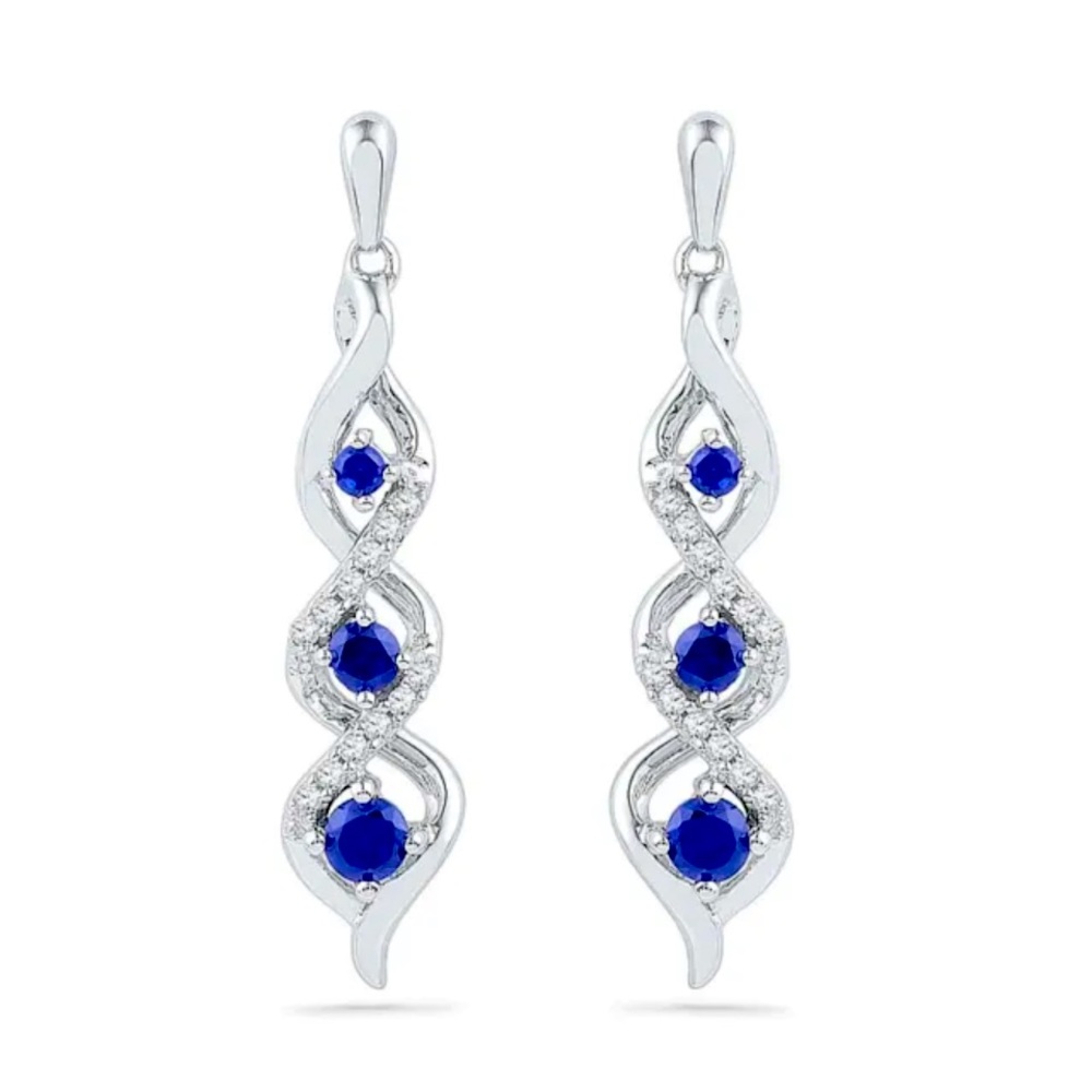 New Beautiful Sterling Silver Blue White Sapphires Drop Earrings - Picture 1 of 3